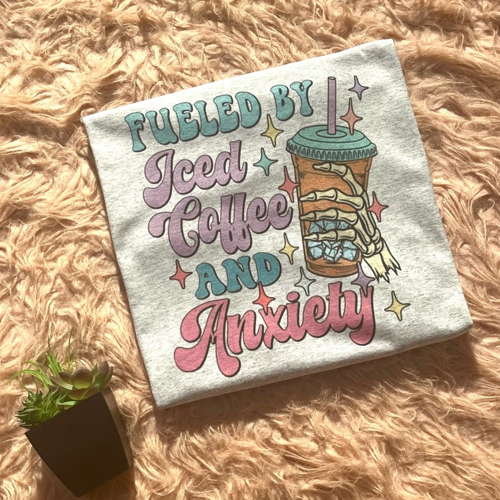 New Fueled By Iced Coffee & Anxiety Unisex Mental Health Graphic Tee - Picture 1 of 3